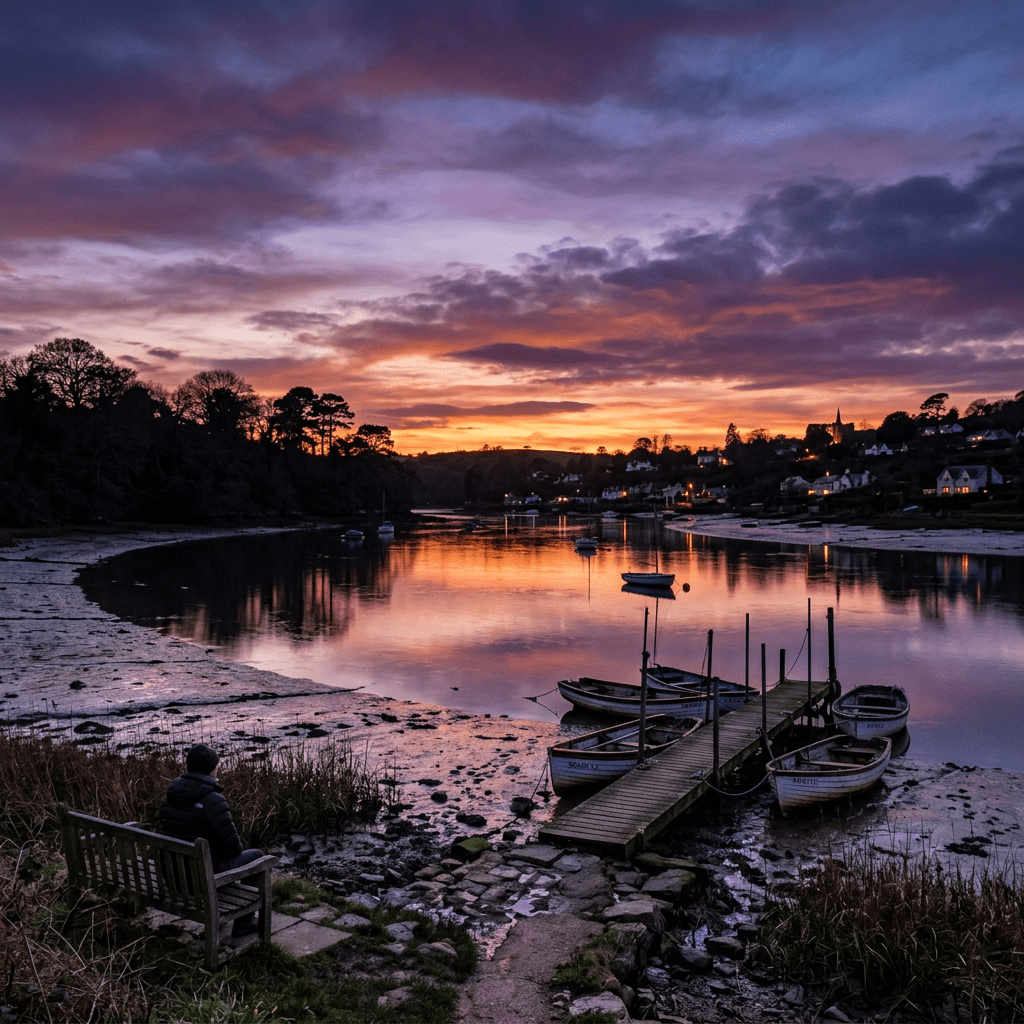 Sunset over a calm river with docked boats and a person sitting on a bench