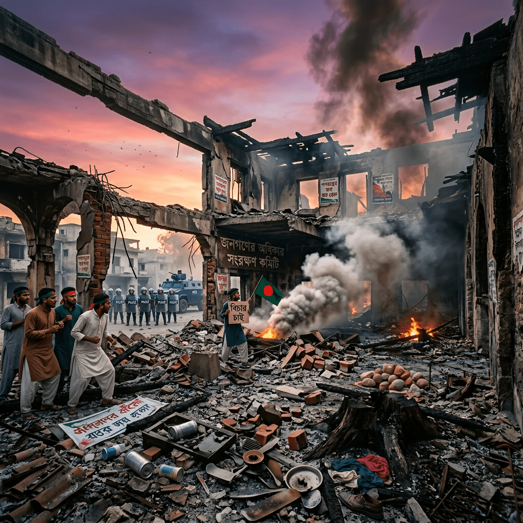 Burnt remains of a historic stone building with charred wooden beams and rubble