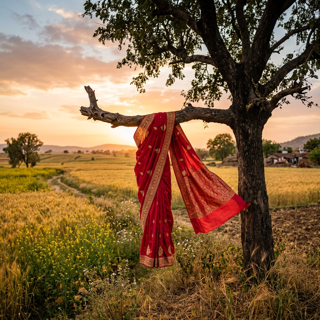 Red sari with gold patterns draped on tree branch in countryside at sunset