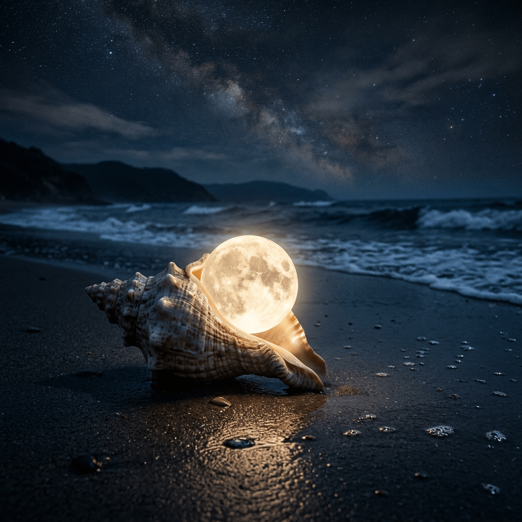 Full moon glowing inside a seashell on wet sandy beach at night