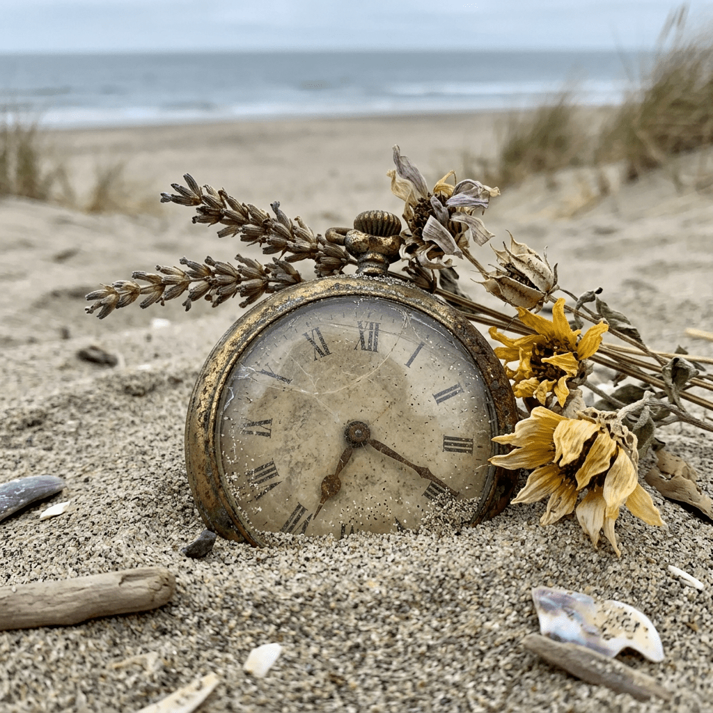 Old, cracked pocket watch in sand with dried flowers and driftwood on beach