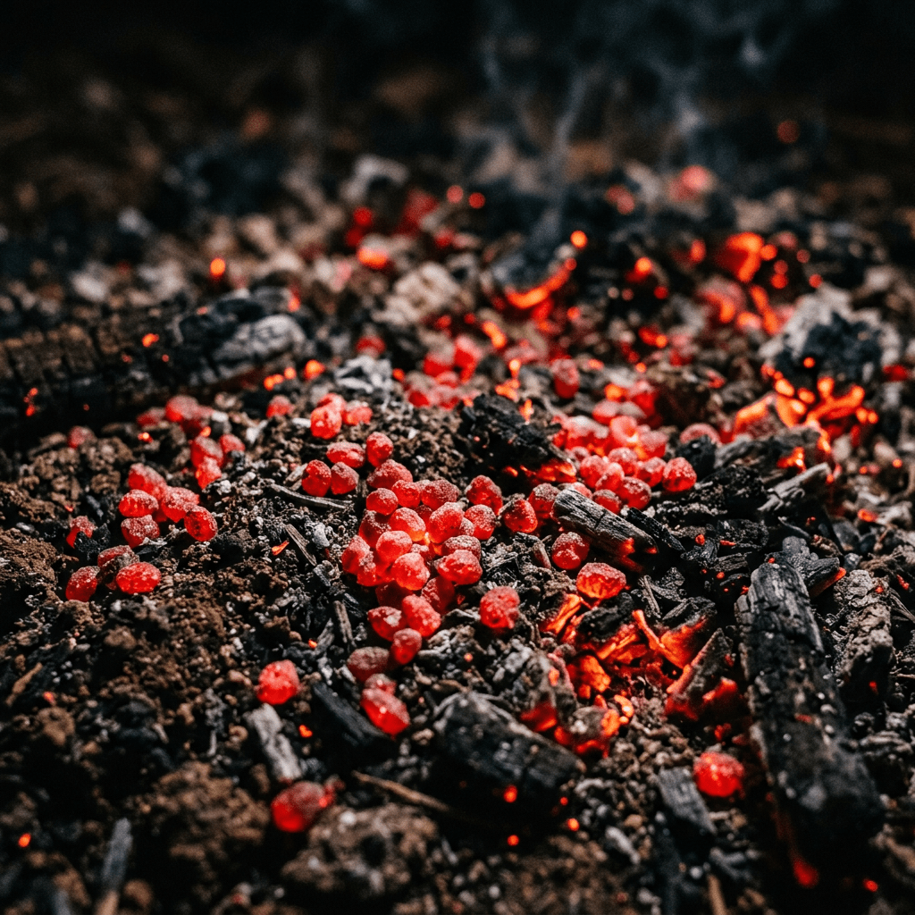 Glowing red hot coals and embers burning among dark ashes and charred wood