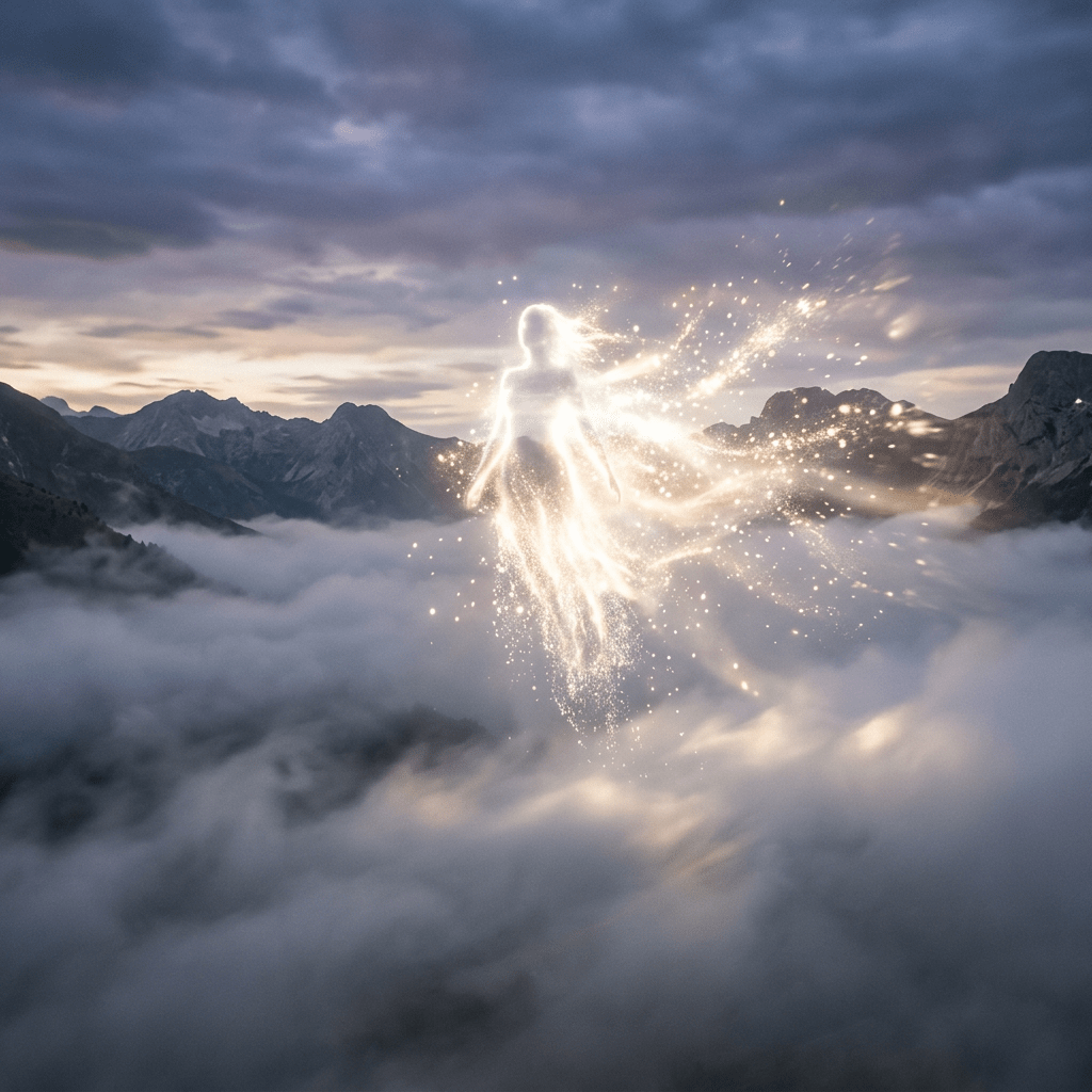 Bright glowing humanoid figure made of light above foggy mountains at dusk