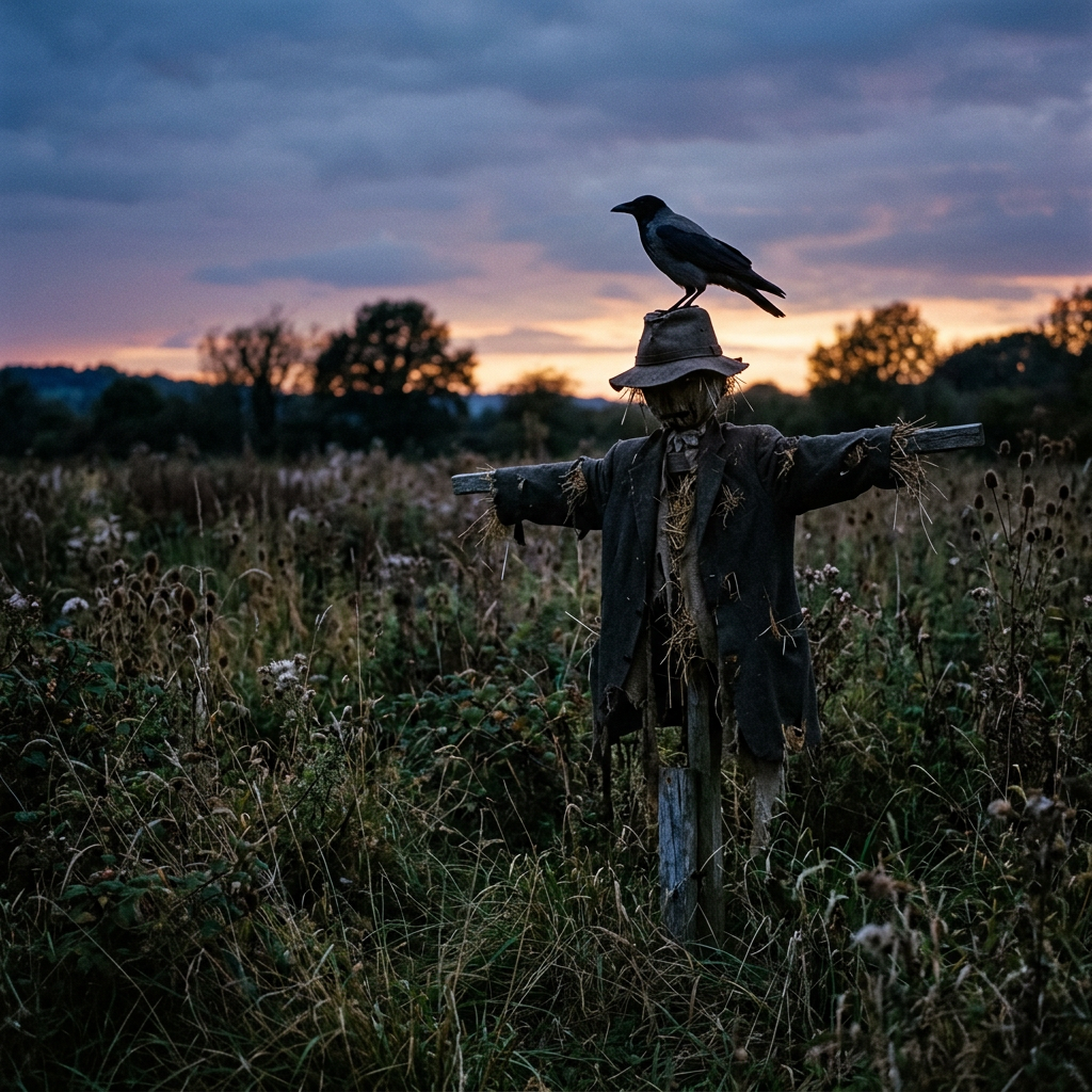 Crow on scarecrow in overgrown dusk field