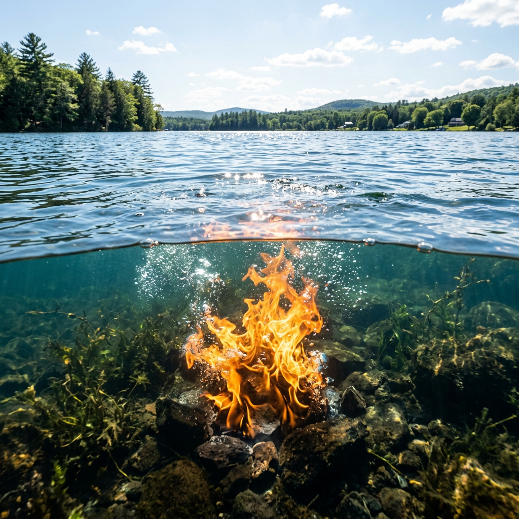 Orange flames burning underwater among rocks in a clear freshwater lake