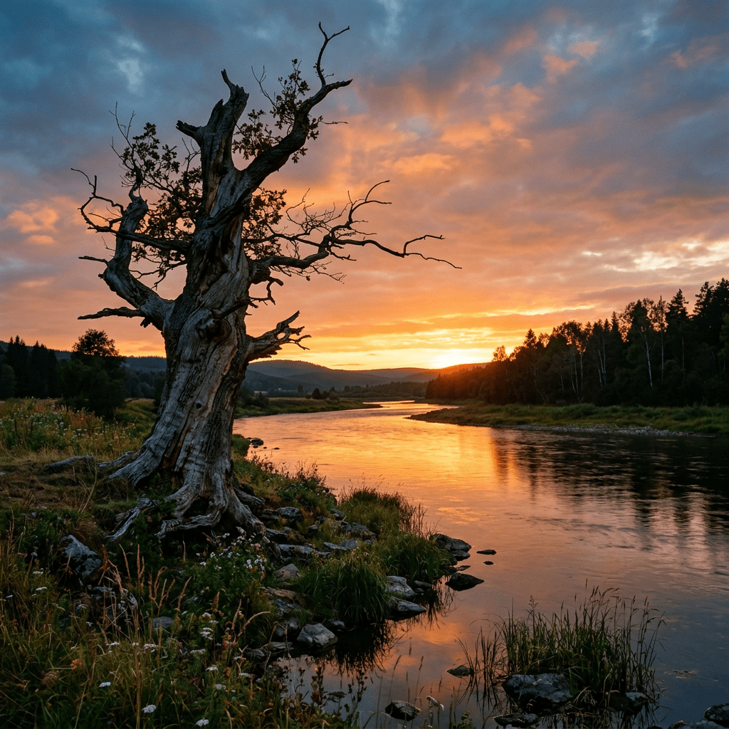 Ancient twisted tree on riverbank during vibrant sunset with colorful clouds
