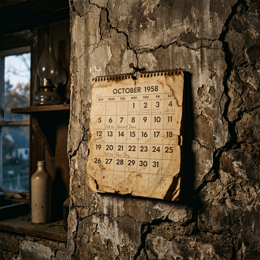 October 1958 calendar with handwritten notes hanging on cracked plaster wall