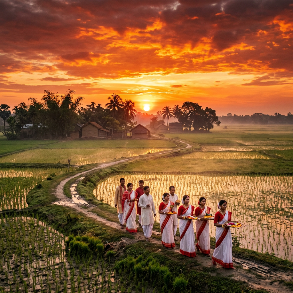 Group of people in traditional Indian clothing walking on a rural path with offerings at sunrise