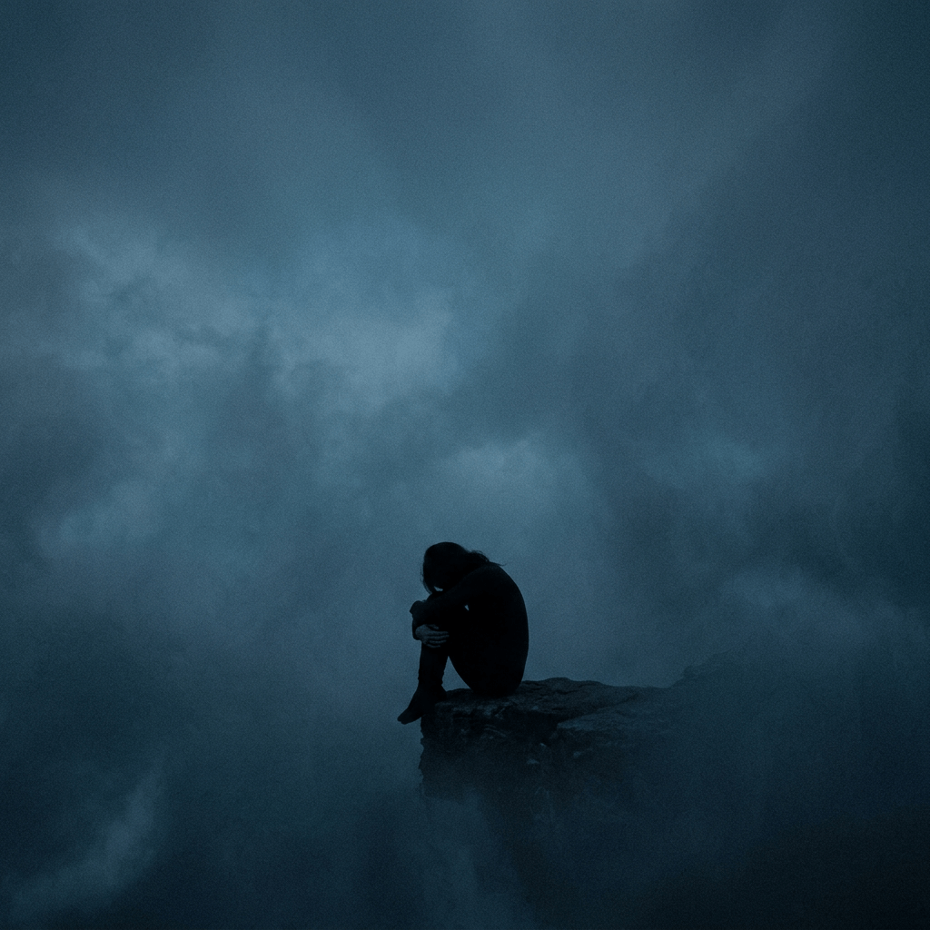 Person sitting alone on cliff edge hugging knees in dark, misty atmosphere